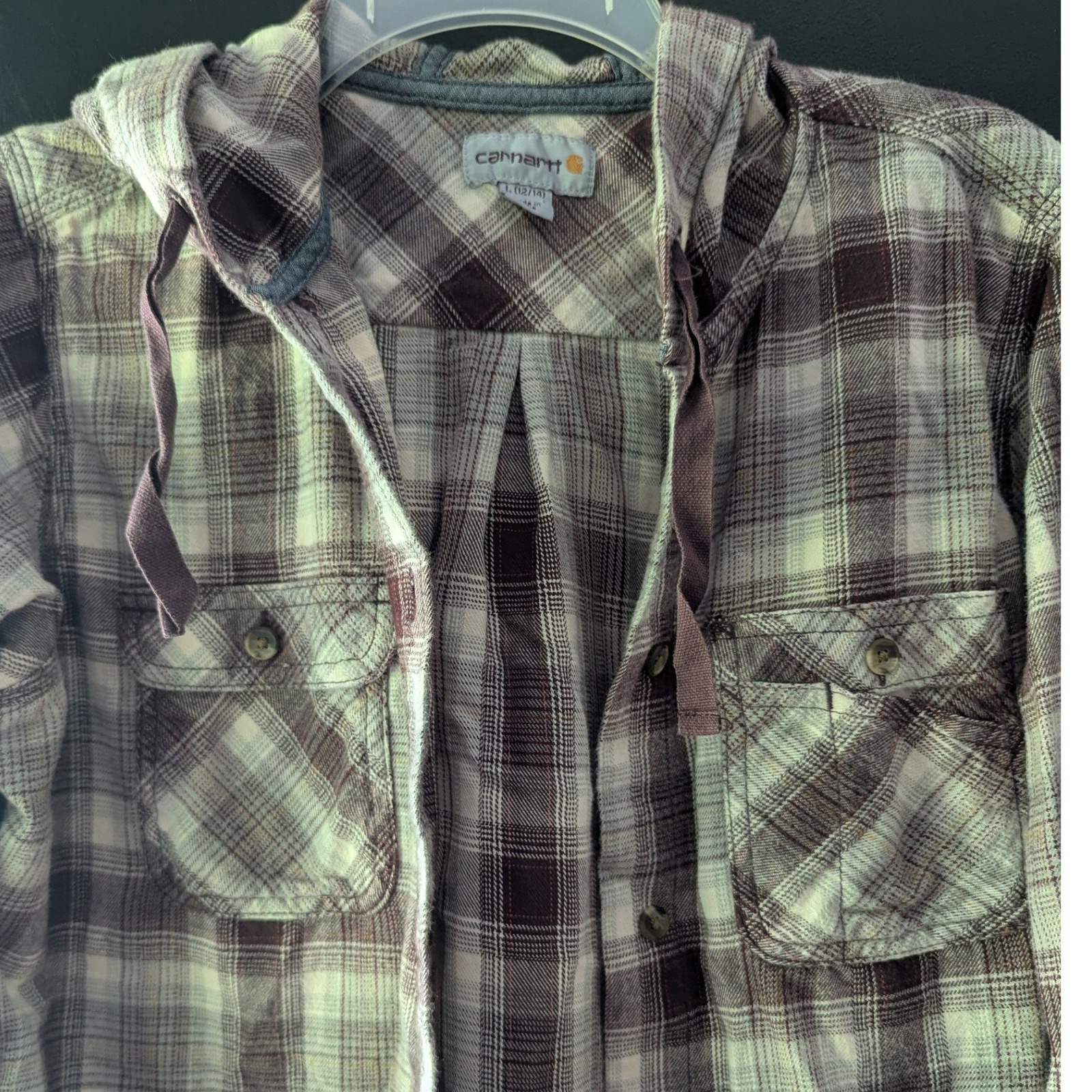 Carhartt Hooded Shirt Burgundy Plaid Button Up Womens L 12/14 Cabincore Casual — image 3 of 7